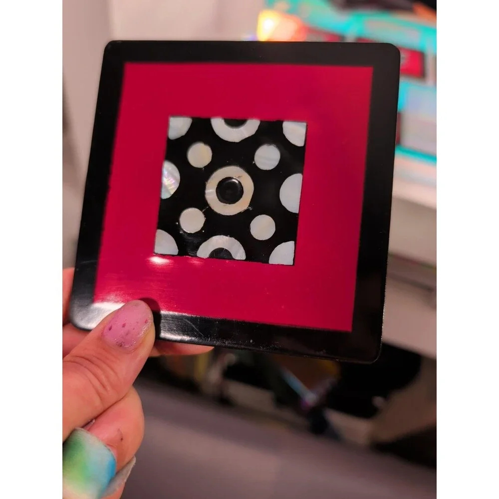 vintage article mother of pearl and lay coaster set of six with holder black red